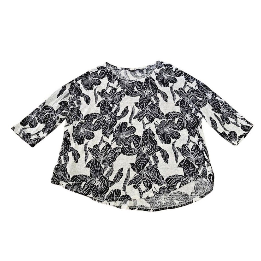 Tahari Women 2X Linen Top Black White Floral Lily Print 3/4 Sleeve Blouse
